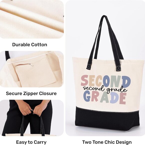 Second Grade Teacher Tote Bag Canvas Durable Zipper Spacious Accessory - Picture 3 of 6